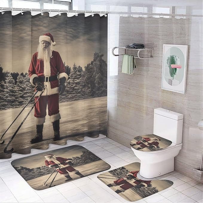 4 Piece Shower Curtain Sets Shower Curtain and Rugs Shower Curtain Set Santa Claus Playing Hockey Ice Skate Sport Durable and Waterproof Hockey Player for Bathroom Decor