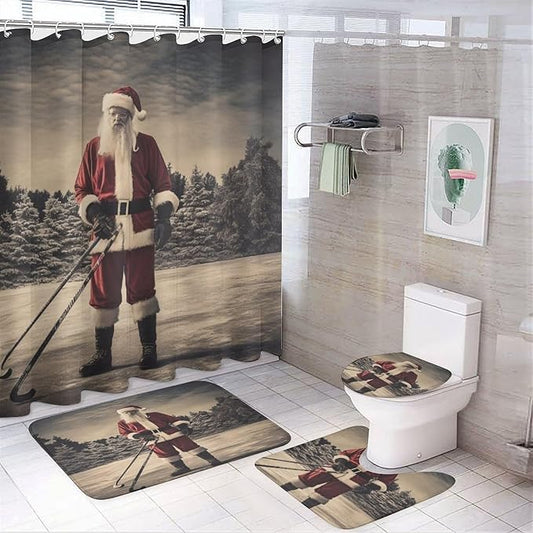 4 Piece Shower Curtain Sets Shower Curtain and Rugs Shower Curtain Set Santa Claus Playing Hockey Ice Skate Sport Durable and Waterproof Hockey Player for Bathroom Decor