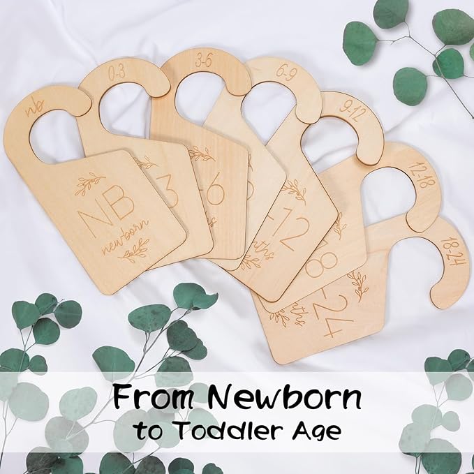 Baby Closet Dividers for Clothes Organizer - Set of 7 Adorable Wooden Double-Sided Baby Clothes Size Hanger Organizer from Newborn to 24 Months for Nursery Beautiful Decor