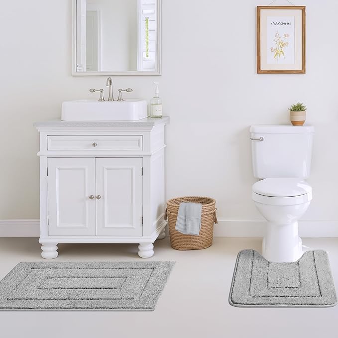 GRANNY SAYS Bathroom Rugs Sets 2 Piece, Soft Absorbent Microfiber Bath Mats for Bathroom Non Slip Washable, U-Shaped Toilet Bath Rugs for Tub Shower (Grey, 20" x 32" + U Shaped 20" x 24")
