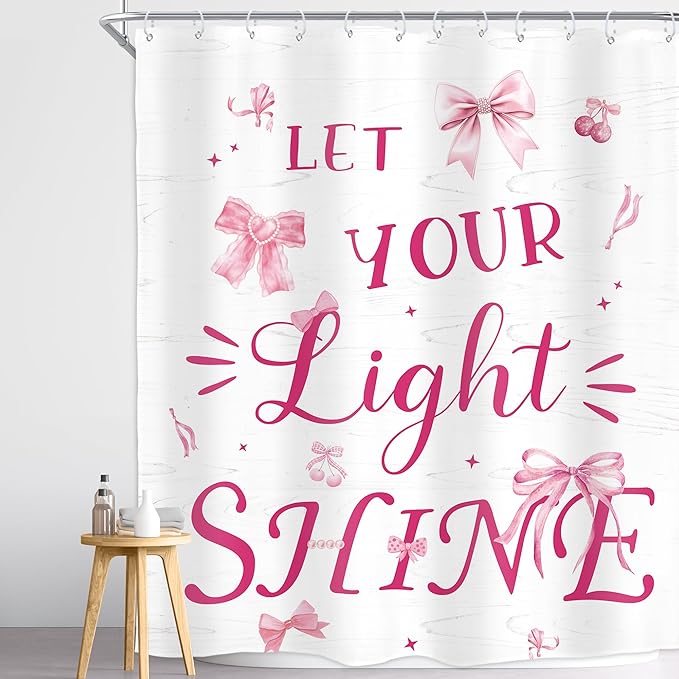 Homewelle Pink Shower Curtain Inspirational Ouotes Girls Bow Funny Cherry Classical English Letter Let You Light Shine 60Wx72H Inch Aesthetic Modern Waterproof Polyester Fabric Bathroom Bathtub