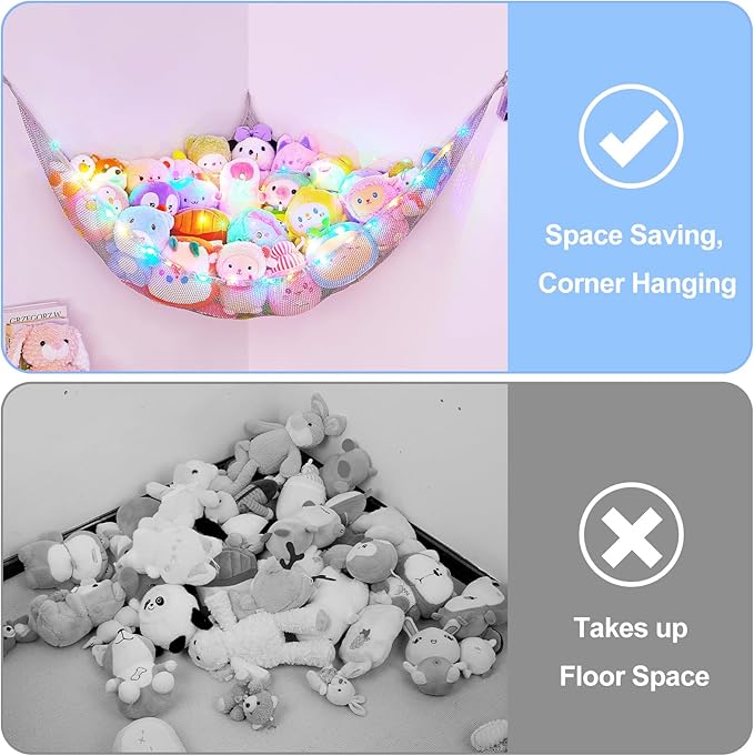 Basumee Stuffed Animals Net or Hammock with LED Light Hanging Toy Net Hammock for Stuffed Animals Storage Stuff Animals Hammocks for Nursery Room with Remote Control, 8 Kinds of Lights(Pack of 1)