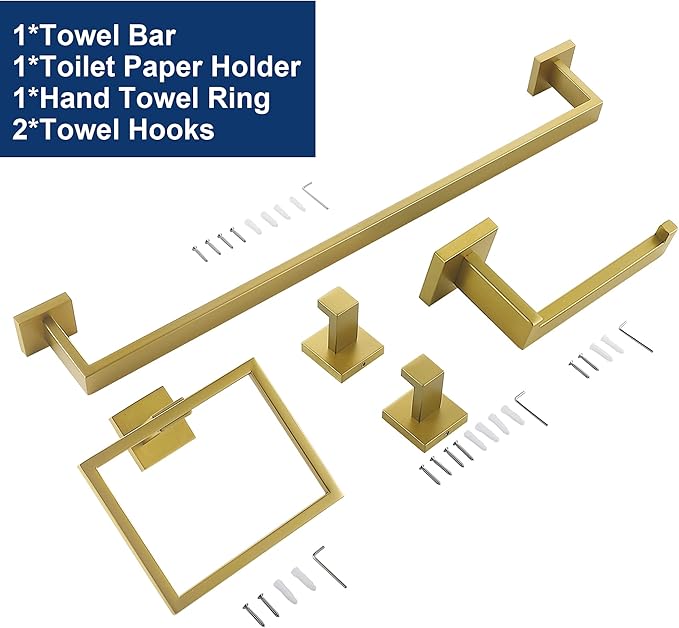 5 Pieces Bathroom Hardware Accessories Set Brushed Gold, 24Inch Bathroom Towel Rack Set SUS304 Stainless Steel, Square Bath Towel bar Set Wall Mounted, Heavy Duty