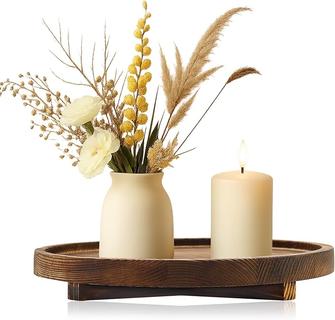 12 inch Large Round Decorative Tray Wood Bathroom Counter Organizer Farmhouse Kitchen Decor Wooden Riser for Perfume Soap Dish Wood Decorative Candle Holders for Home Decor Brown Table Centerpieces