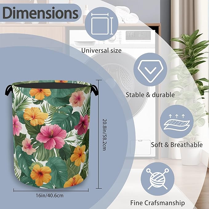 Hibiscus Laundry Basket,Palm Leaves Foldable Oxford Cloth Tote Bag Laundry Hamper Clothes Storage Bucket Organizer for Bedroom Laundry Storage Dormitories 16" x 20.8"