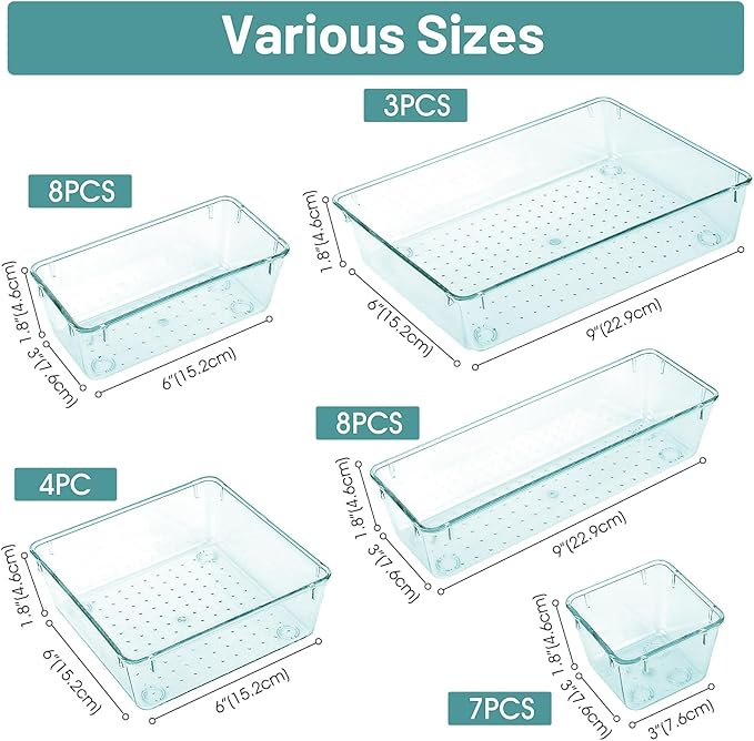 WOWBOX 30 PCS Clear Plastic Drawer Organizer Set, 5 Sizes Desk Drawer Divider Organizers and Storage Bins for Makeup, Jewelry, Gadgets for Kitchen, Bedroom, Bathroom, Office,Sea Blue