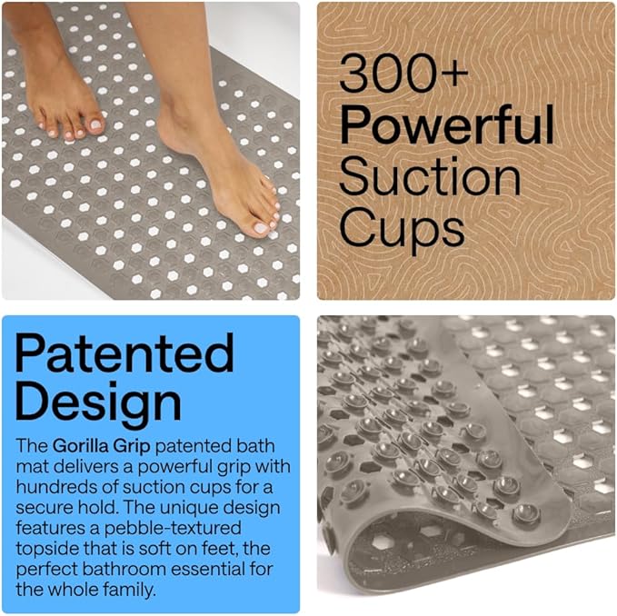 GORILLA GRIP Patented Bath Tub Shower Mat, Machine Washable Bathtub Floor Liner Mats, Suction Cups and Drain Holes to Keep Tubs Clean, Soft on Feet, Bathroom Essentials, 35x16 Inch, Beige