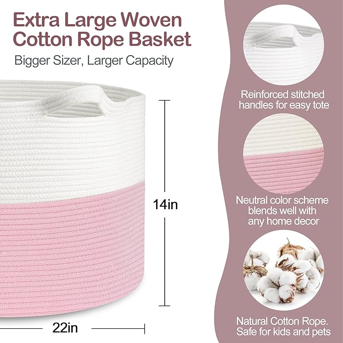 Pink Storage Baskets for Organizing, 22"X22"X14" XXXL Blanket Basket Living Room, Large Toy Basket, Soft Pink Cotton Rope Woven Baskets for Storage, Decorative Gifts Basket Bins for Nursery