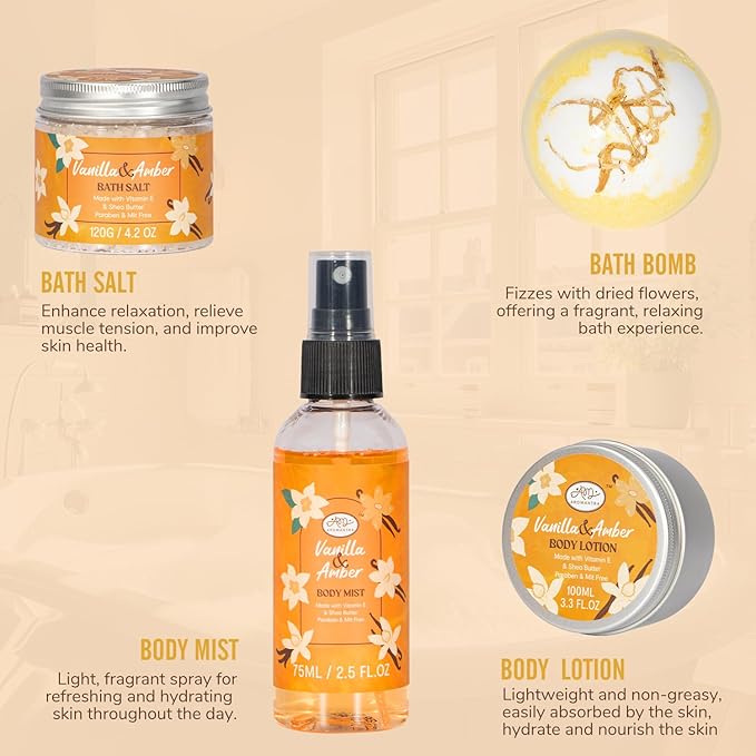 Bath Gift Set for Self Care, 11pcs Luxury Spa Gift Baskets for Women, Home Spa Essential W/ Bubble Bath, Body Lotion, Vanilla Amber Scented Candle, Birthday Gifts for Women, Mothers Day Gifts