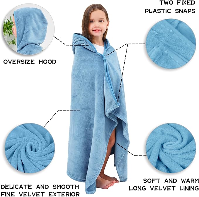 Hiturbo Kids Hooded Bath Towel: Soft Plush Pool Beach Fleece Towel Blanket - 50"x30" Toddler Towels Wrap for Boys Girls 3-12 Years (Blue)