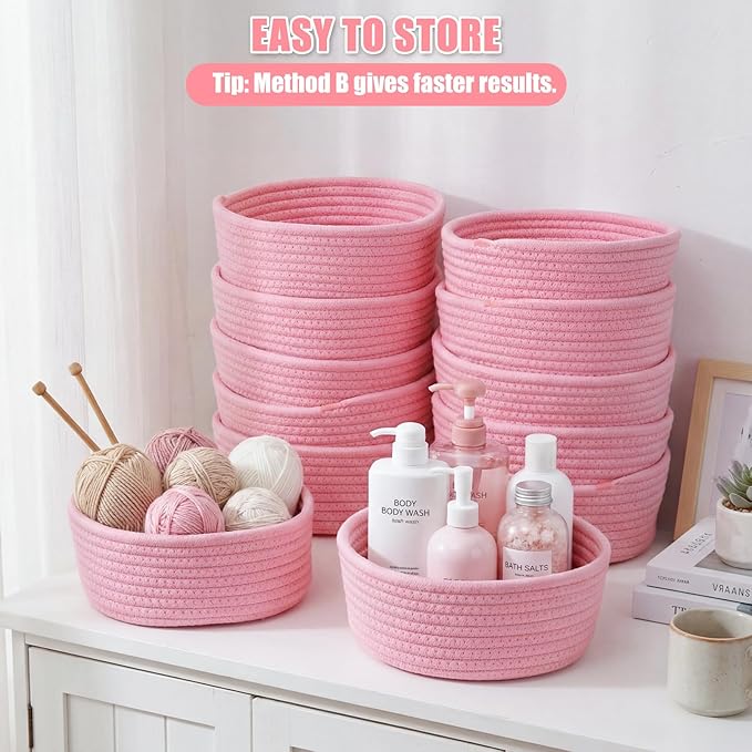 Yinkin 12 Pack Small Storage Basket Cute Natural Cotton Rope Woven Basket Tiny Boho Decorative Toy Storage Bin Gift Baskets for Home Organizing, Closet, Shelf, Nursery, Bathroom(Round,Pink)
