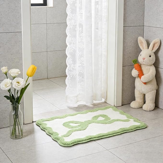 Green Bow Bath Mat - Scalloped Bow Bathroom Rug Easter Spring Room Decor Microfiber Bath Mat Water Absorbent Non Slip Shower Carpet Girls Bedroom Aesthetic Preppy Rug (Green, 20" x 32")