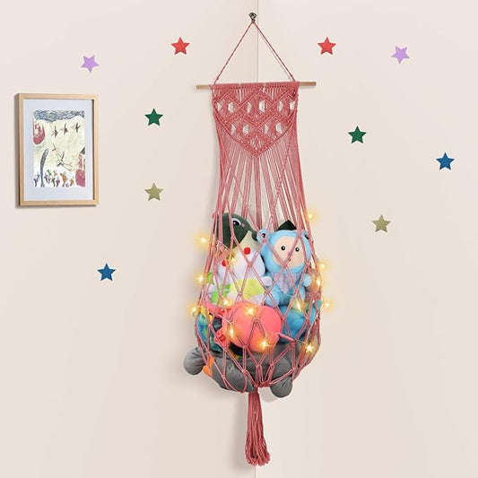 Stuffed Animal Hammock w/LED Star Light, 63 Inch Jumbo Toy Hammock Wall Hanging Plushie Net Holder for Boho Nursery Decor, Watermelon Red Stuffed Animal Storage Organizer for Kid Girls Boys Gift