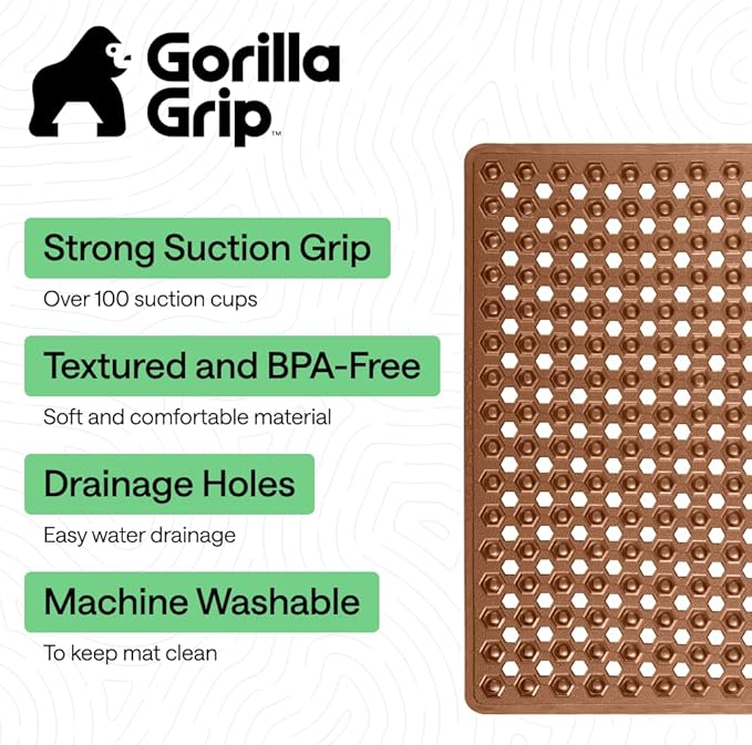 GORILLA GRIP Patented Square Shower Stall Mat, Small Bathtub Floor Mats for Stand Up Showers with Suction Cups and Drainage Holes, Machine Wash, Soft on Feet, Bathroom Accessories 21x21 Inch, Brown