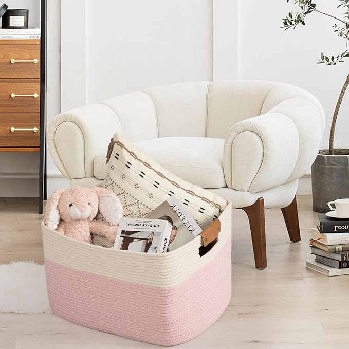 danpinera Woven Rectangle Storage Basket, Large Blanket Basket for Living Room,Kids Room, Storage Bin Box with Handle for Pillows, 22’’*17’’*11.8’’, 72L, White/Pink