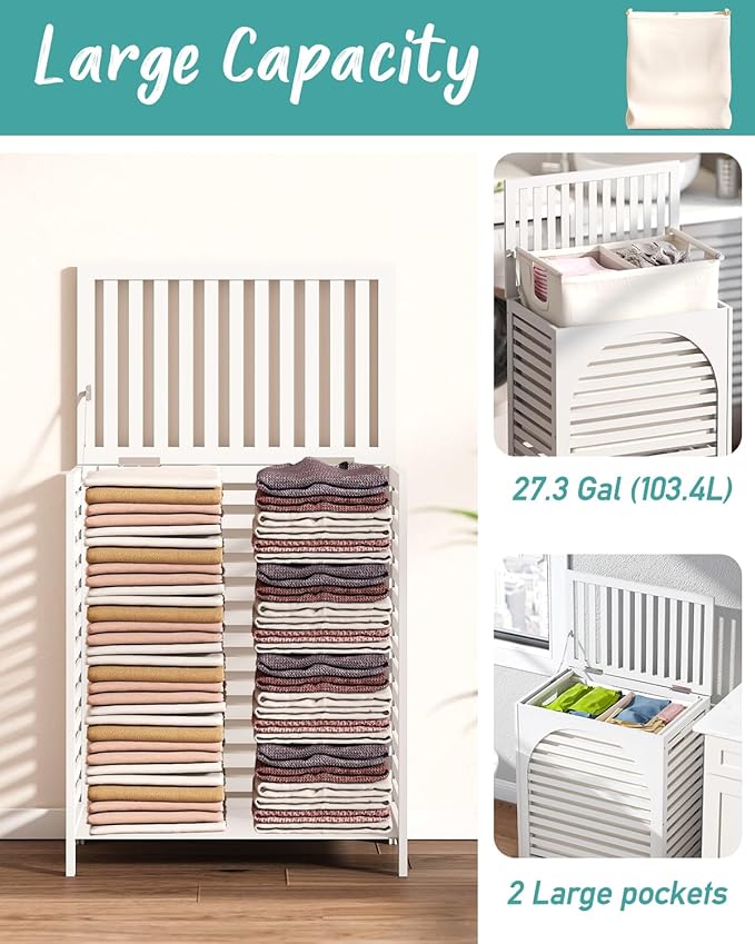 White Laundry Hamper, Laundry Hamper with Lid, 27.3 Gallon (103L) Bamboo Wood Clothes Laundry Basket with Lid and Handles, Removable Liner