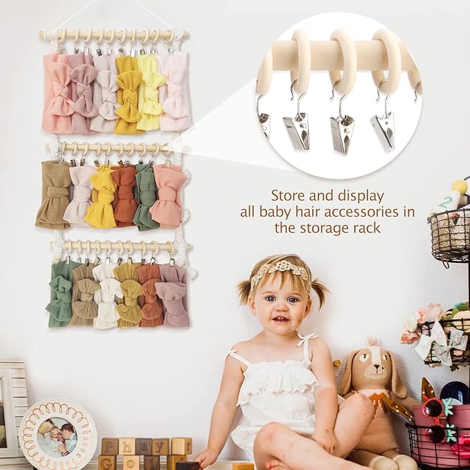 POVETIRE 30 Pack 2.5 Inch Wood Rings with Clips for Hanging Baby Headband Hair Accessories Baby Bib NecklaceJewelry Hat Holder