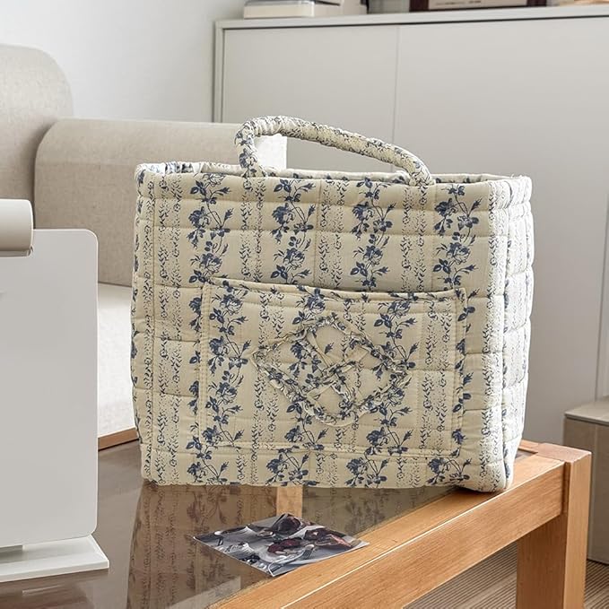 JQWYGB Foldable Laundry Basket Boho Bear Storage Basket Floral Quilted Fabric Car Storage Basket Handles Large Laundry Baskets for Clothes and Dolls