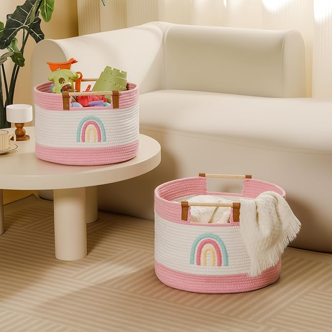 Large Blanket Basket 35L Cotton Rope Basket with Wooden Handles Woven Baskets for Kids Stuffed Animal Toys Storage for Nursery, Laundry Hamper Clothes Baby Hamper Girls Gift Baskets Empty, (Rainbow）