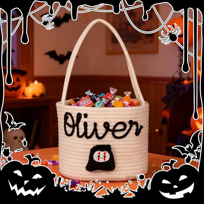 Personalized Halloween Basket, Custom Trick or Treat Bag with Name, Hand-Woven Candy Bucket, Spooky Decor for Boys & Girls (Style 1)