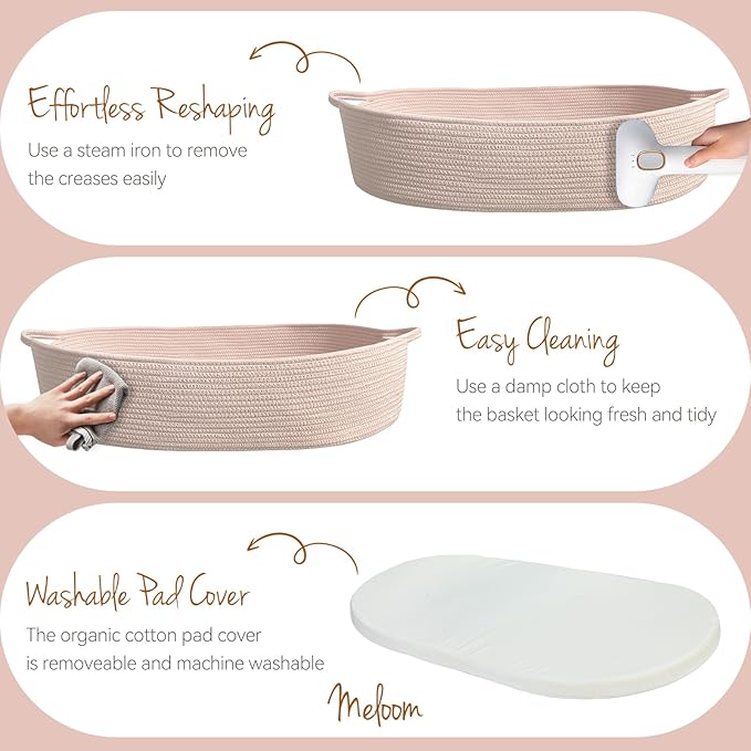meloom Baby Changing Basket with Pads and Safety Belt- 100% Cotton Boho Baby Moses Basket Changing Table and Thick Pad with Waterproof Mattress Cover, Nursery Decor in Pink Color with Storage Bag