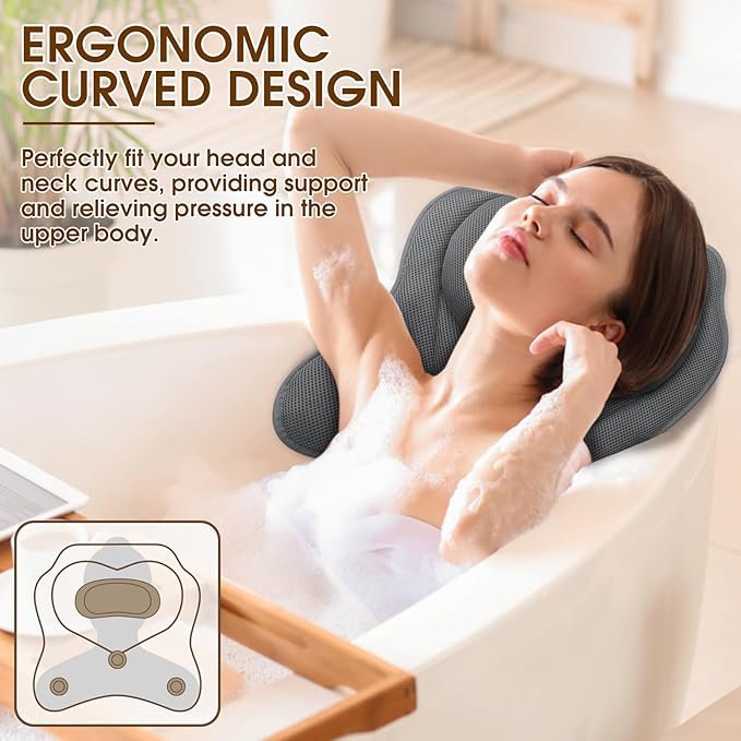 LuxStep Bath Pillow with Breathable Mesh Fabric - Bathtub Pillow for Head, Neck & Shoulder Support- 6 Non-Slip Suction Cups for Secure Fit - Fits Any Bathtub, Bath Accessories Spa Gifts