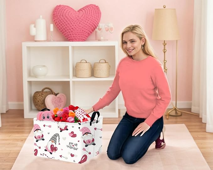 Large Valentine's Day Basket Heart Shaped Storage Bin for Gifts Collapsible Organizer Room Decor (Arrow Gnome Love)