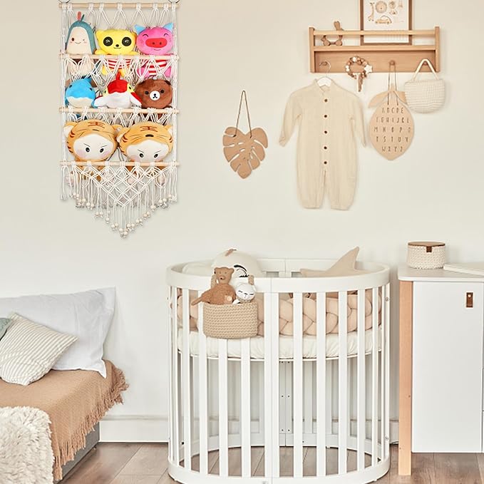 Stuffed Animal Storage Macrame Stuffed Animal Toy Storage Net Wall Mounted Hanging Stuffed Animal Holder Toy Plush Storage Bohemian 3 Layer Hanging Organizer for Kids Bedroom Nursery Room Home Decor