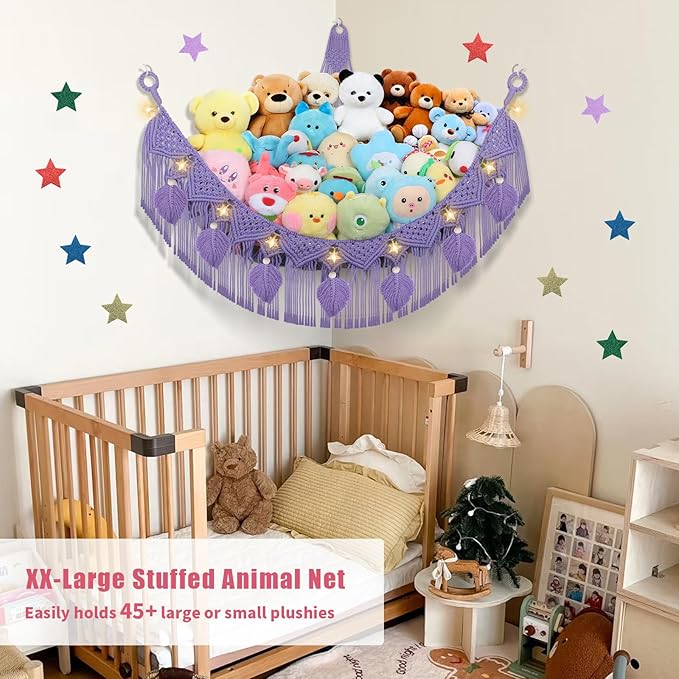 Stuffed Animal Hammock Corner - 56'' Jumbo Handcrafted 5mm Double Macrame Cord Stuffed Animal Storage Net - 100% Natural Cotton Toy Hammock Holder - Purple Stuffy Plushie Net w/LED Star Light