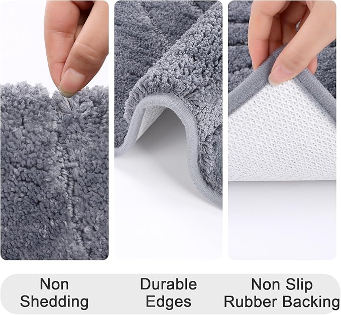 HEBE Bathroom Rugs Sets 5 Piece, Soft Absorbent Microfiber Bath Mat for Bathroom, Non Slip Washable Bath Rug Set with Toilet Cover, Bath Runner and U-Shaped Contour Toilet Rug, Dark Grey