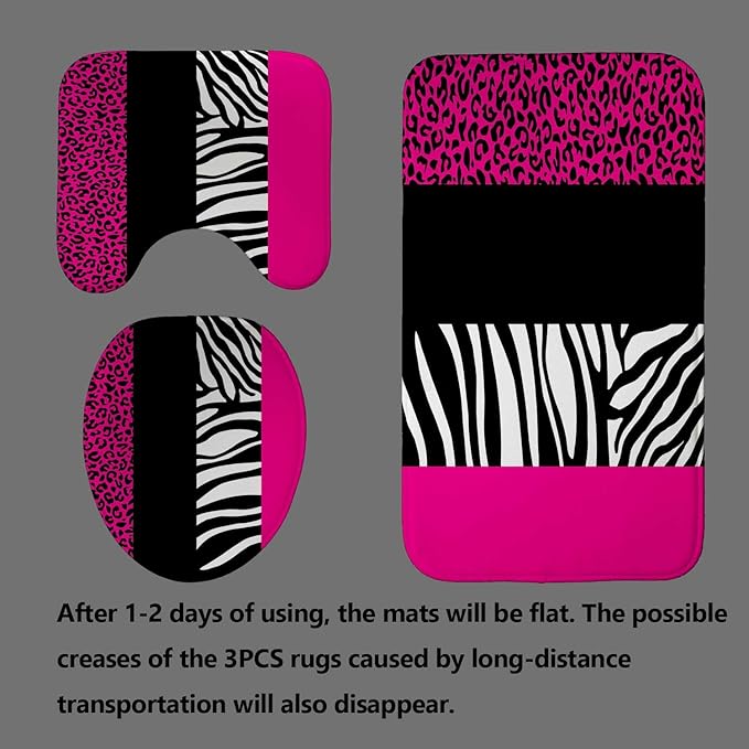 4PCS Hot Pink Leopard Print Shower Curtain Sets With Rugs, Waterproof Fabric Shower Curtain, Black and White Zebra Cheetah Print Wildlife Safari Animal Skin Stripe Fashion Women Bathroom Decor