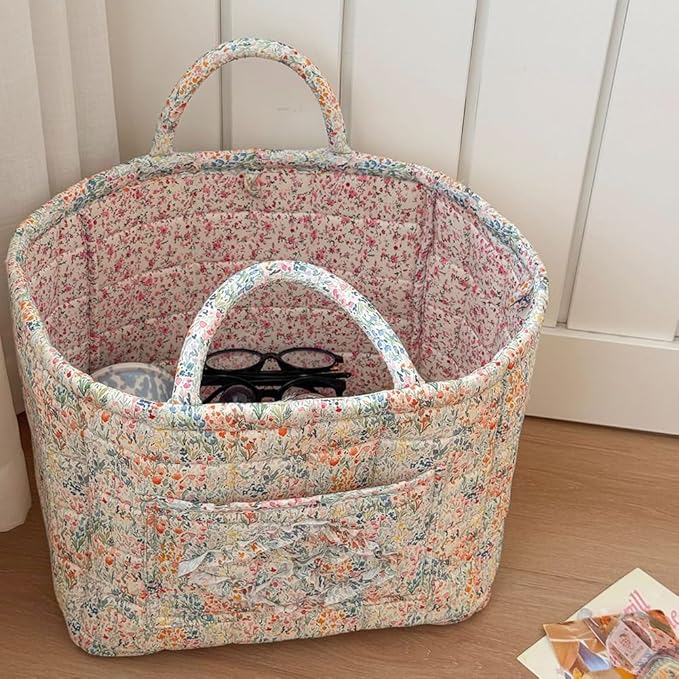 JQWYGB Foldable Laundry Basket Boho Bear Storage Basket Floral Quilted Fabric Car Storage Basket Handles Large Laundry Baskets for Clothes and Dolls