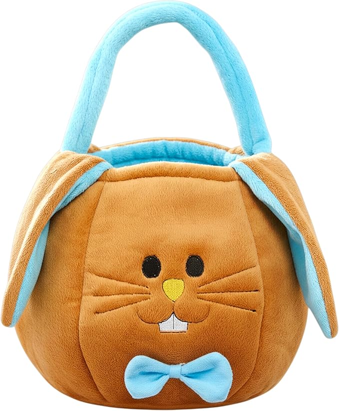 Personalization Universe Embroidered Blue Accented Easter Bunny Basket, Soft Plush Easter Egg Hunt Bag, Children's Holiday Basket