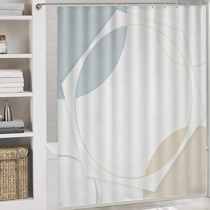 4 Piece Bathroom Rug Set with Shower Curtain, Non-Slip Bath Mat Toilet Cover Set, Geometric Grids Bathroom Rug Sets