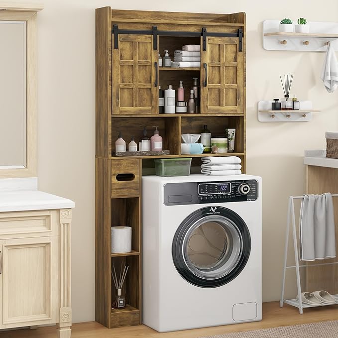 Over The Toilet Storage Cabinet, Farmhouse Storage Cabinet Over Toilet with Sliding Doors，Home Space-Saving Toilet Rack, for Bathroom, Restroom, Laundry(Brown