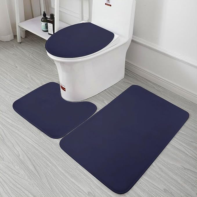 3 Pieces Bath Rug Sets, Navy Blue Modern Bathroom Mat Set Non Slip U Shaped Contour Rug & Toilet Lid Cover