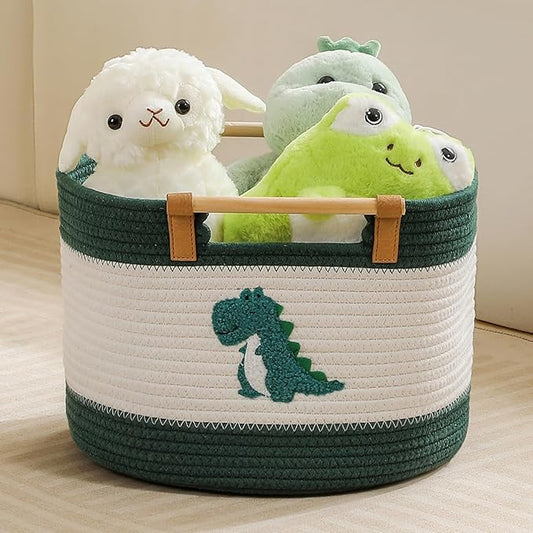 Cotton Rope Baskets for Kids Stuffed Animal Toys Storage for Nursery, Baby Baskets for Gifts Empty, Woven Basket with Wooden Handles Blanket Towel Toy 0rganizer Kids Blanket Storage Bins ( Dinosaur ）
