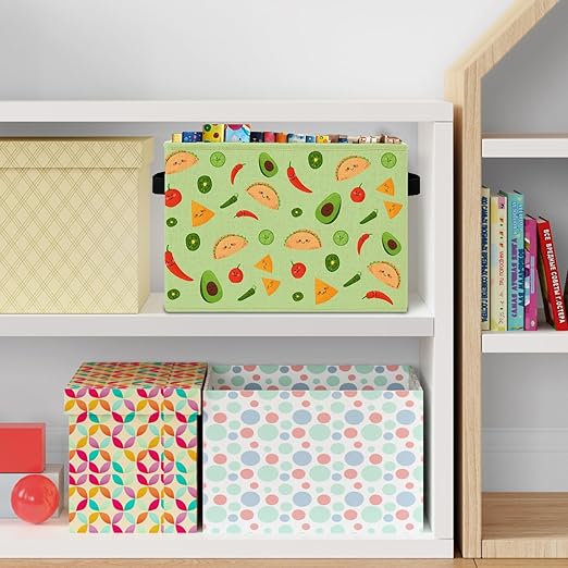 Green Mexican Taco Avocado Storage Bins Box with Handles, Chili Nacho Mexican Food Laundry Basket Hamper Collapsible Clothes Toys Organizer for Home Kitchen Kids Room Playroom
