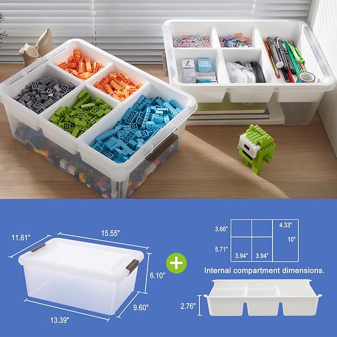 Plastic Storage Box with Removable Tray Craft Organizers and Storage Clear Storage Container for Organizing Bead, Tool, Sewing, Playdoh (White, 2Pack-17QT)