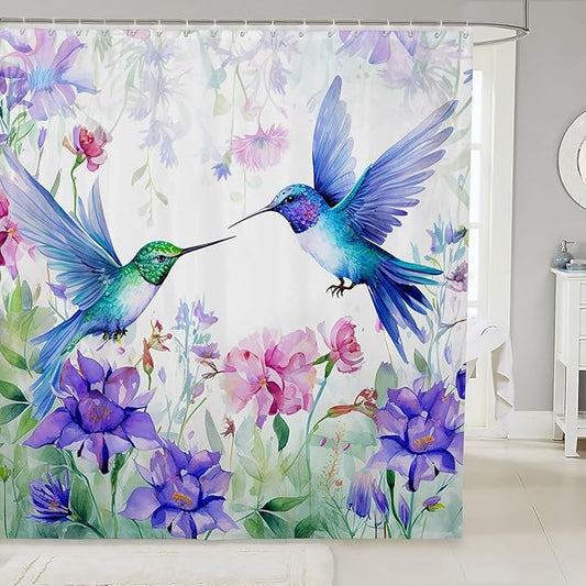 Hummingbird Girls Shower Curtain Butterfly Flower Birds Bath Curtain Wild Animals Bathroom Sets Floral Plants Fresh Nature Fabric Curtains Sets Waterproof For Women Bathroom Decor 72"W x 78"L Green