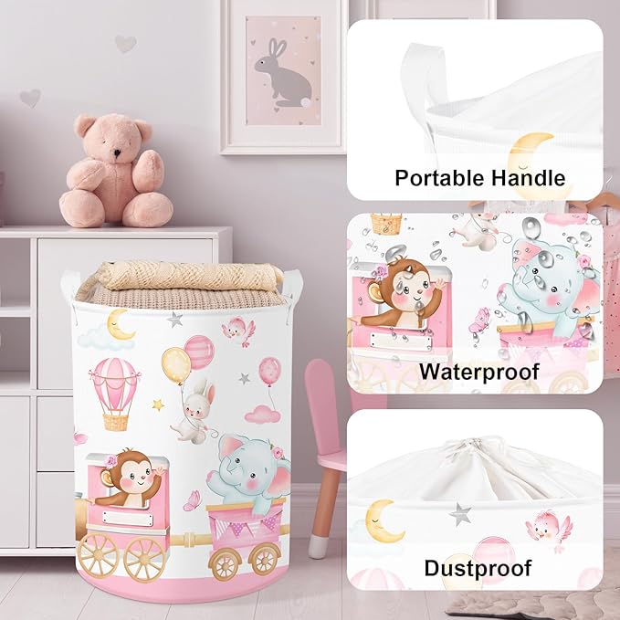 Clastyle Collapsible Large Pink Train Animals Kid Laundry Hamper for Girl Flower Elephant Lion Clothes Toy Storage Basket with Lid for Nursery