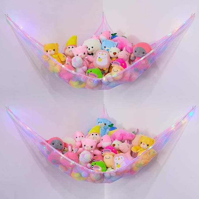 Basumee Stuffed Animals Net or Hammock with LED Light Hanging Toy Net Hammock for Stuffed Animals Storage Stuff Animals Hammocks for Nursery Room with Remote Control, 8 Kinds of Lights(Pack of 2)