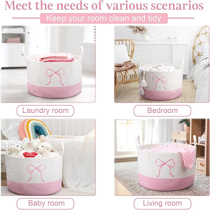 Honeydak Pink Laundry Basket Bow Hamper Cotton Rope Pink Laundry Hamper 13 x 20 Inch Toy Box Large Coquette Bow Girly Nursery Basket Storage for Bedroom Bathroom Blanket Toys Clothes Organization