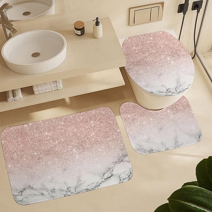 4 Piece Modern Rose Gold Pink Glitter White Marble Art Shower Curtain + Bath Room Rug Mat Set, Waterproof Spa Curtain Super Absorbent Bath Room Carpet