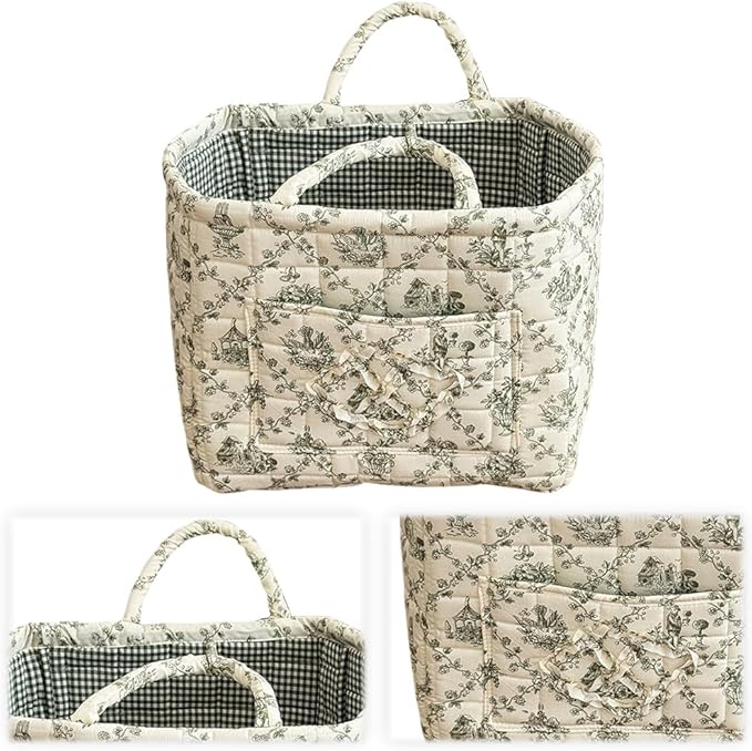 JQWYGB Foldable Laundry Basket Boho Bear Storage Basket Floral Quilted Fabric Car Storage Basket Handles Large Laundry Baskets for Clothes and Dolls