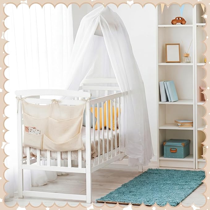 Cotton Baby Bedside Hanging Storage Bag 6 Pockets Bedside Caddy Organizer for Baby Cribs and Toys Milk Bottle Nursery Hanging Organizers, Beige