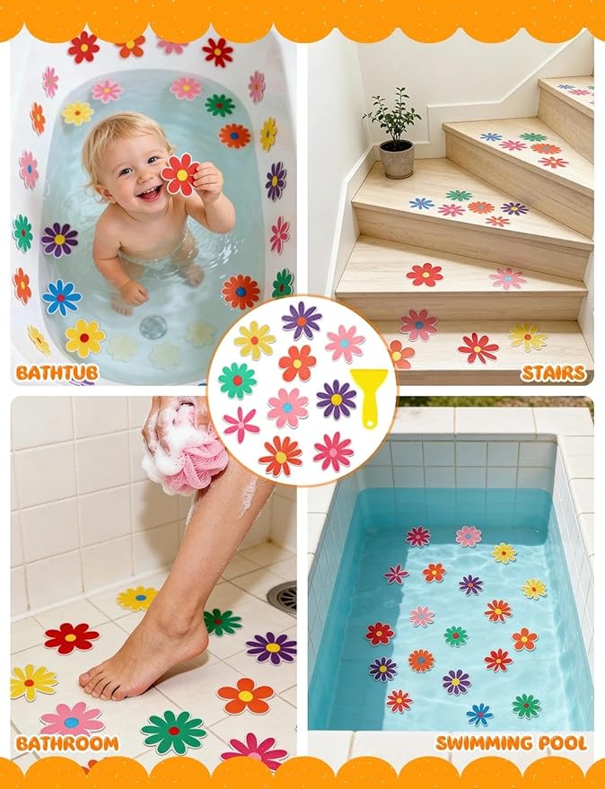 26Pcs Non Slip Bathtub Stickers, Colorful Flower Stickers with Scraper, Anti Slip Bath Tub Shower Decal with Adhesive Back for Bathroom, Shower Stairs