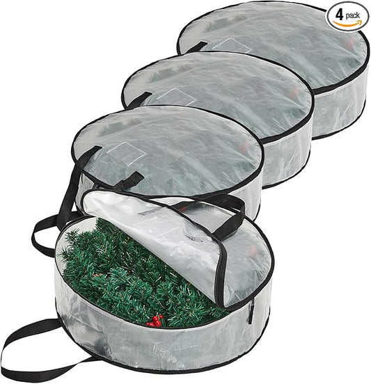4 Pack Clear Christmas Wreath Storage Bags 24 Inch - Waterproof Wreath Container with Dual Zipper and Reinforced Handles for Artificial Wreath, Garland and Holiday Decor Organization