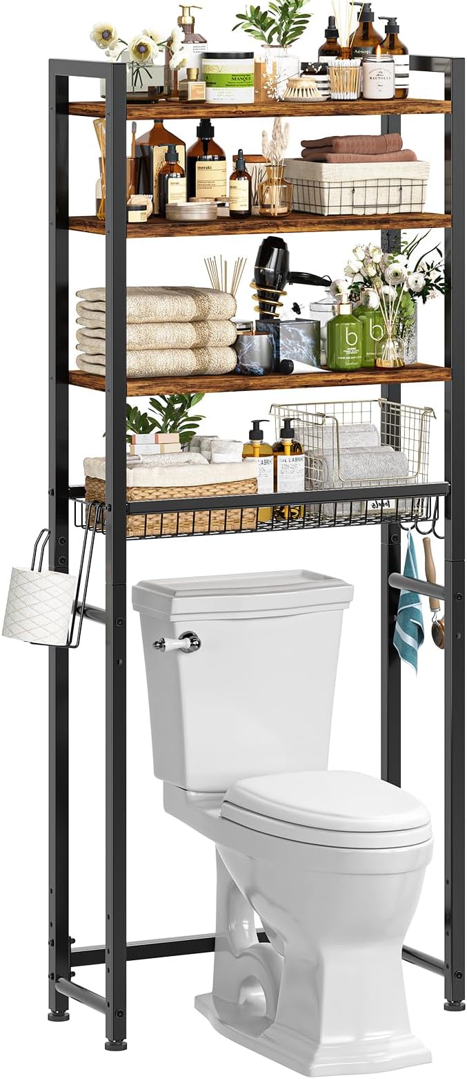 Over The Toilet Storage Rack, 4 Tier Bathroom Shelf Organizer Over Toilet with Adjustable Feet, Basket, Hooks, Paper Holder, Quick Interlock Install & Water-Resistant Shelves (Vintage Brown)