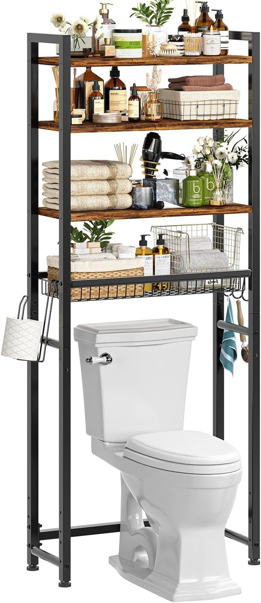 Over The Toilet Storage Rack, 4 Tier Bathroom Shelf Organizer Over Toilet with Adjustable Feet, Basket, Hooks, Paper Holder, Quick Interlock Install & Water-Resistant Shelves (Vintage Brown)